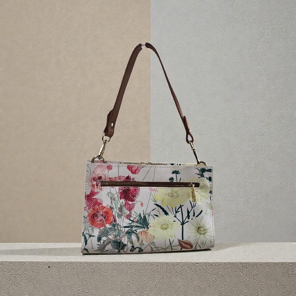 Valentina Handbags - Valentina Floral Print Shoulder/Crossbody Bag with Brown /Dark Tan Strap